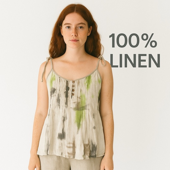 ZYGA LIN'N LAUNDRY Linen Lagenlook Adjustable Tie Spaghetti Strap Baby Doll Top - Picture 1 of 14